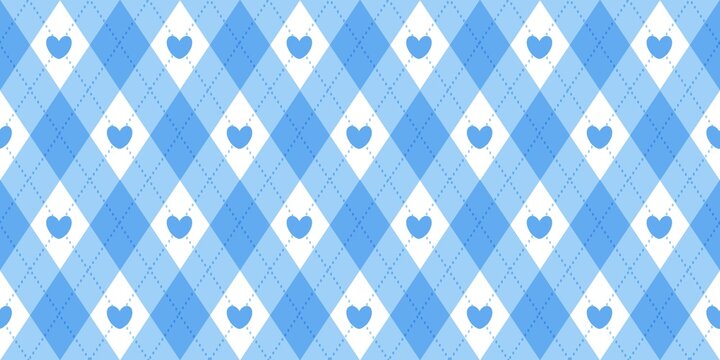 Blue argyle seamless pattern with cute hearts. Preppy diamond check background in pastel blue and white. Geometric illustration for textile, wallpaper, and wrapping paper.