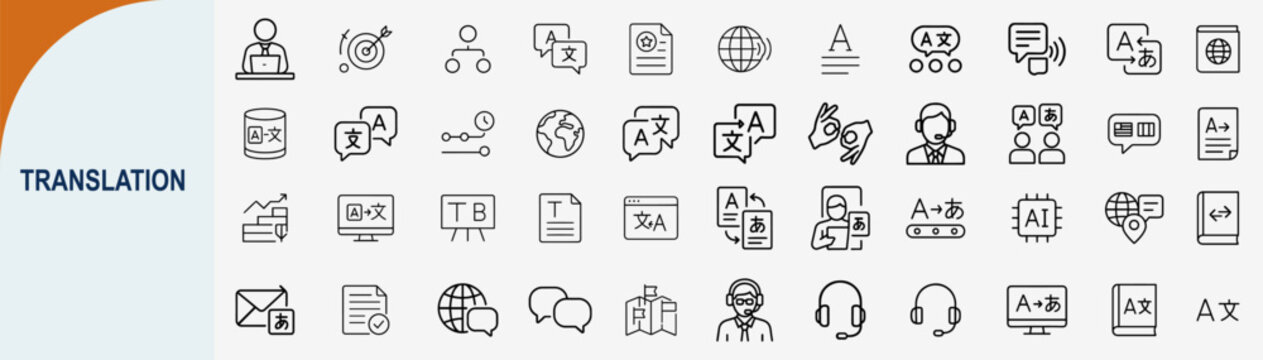 Language Translation and Global Communication Service Outline Icons Vector Set
