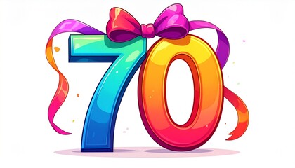 Number 70 wrapped with a festive ribbon on a white background. Image for birthday or anniversary party