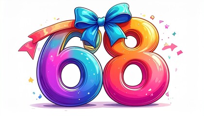 Number 68 wrapped with a festive ribbon on a white background. Image for birthday or anniversary party