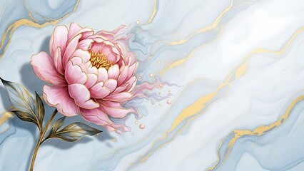 An elegant illustration of a vibrant pink peony flower against a soft blue and gold marble background