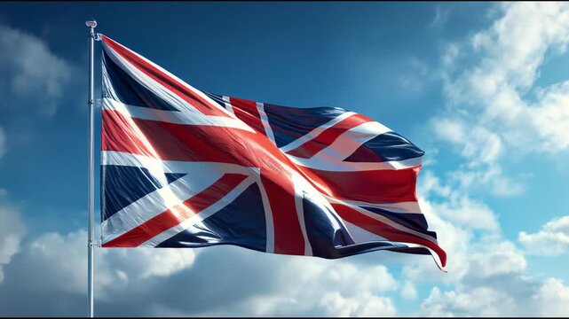 United kingdom flag fling on the sky, emphasizing land, sovereignty, and jurisdiction.