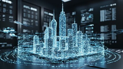 Holographic city model futuristic skyline digital architecture data visualization blue neon skyscraper 3d projection smart city hologram display technology interface projected from circular platform - Powered by Adobe