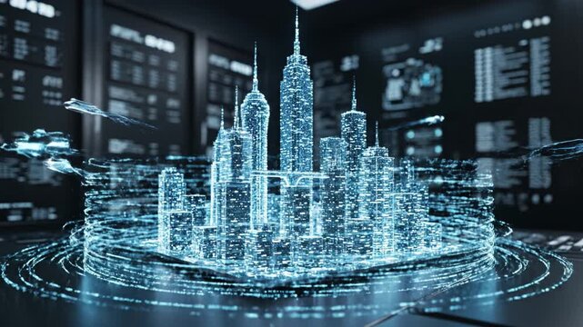 Holographic city model futuristic skyline digital architecture data visualization blue neon skyscraper 3d projection smart city hologram display technology interface projected from circular platform