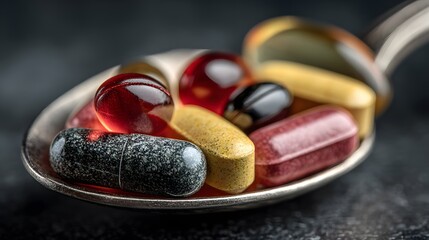 Silver spoon holds various vitamin pills on a dark reflective surface with pharmaceutical concept, dramatic lighting and sharp focus detail.