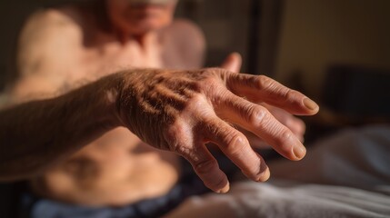 Aged hand reaching in a quiet moment, detailed wrinkles and relaxed fingers highlighting old age, time, wisdom, and emotional depth. cinematic color correction, natural uneven lighting yet gentle