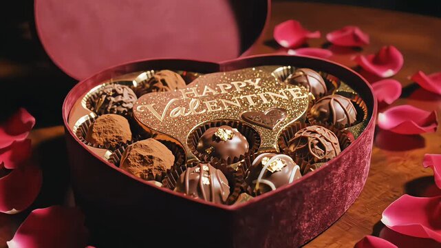 Heart-shaped velvet chocolate box opening to reveal gourmet truffles and gold embossed Valentine text. Premium product reveal with burgundy tones and rose petals