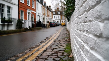Quiet street view showing cobblestone path and white brick wall beside row of houses on a rainy day in a small town