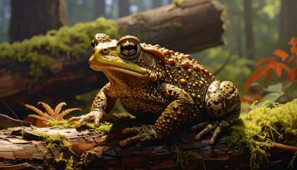 Obraz premium A textured amphibian rests on a moss-covered log. The detailed close-up reveals its bumpy skin and observant eyes against a blurred forest background