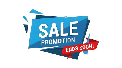 Sale Promotion Ends Soon Banner: Blue Geometric Label with Red Ribbon Badge, Vector Design
