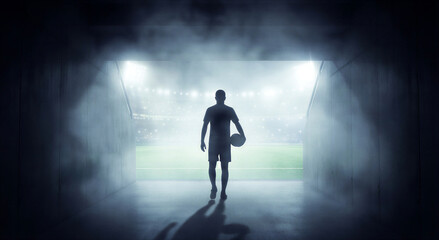 Professional Soccer Player Silhouette Walking through Stadium Entrance Tunnel towards Bright Pitch for Competition Match