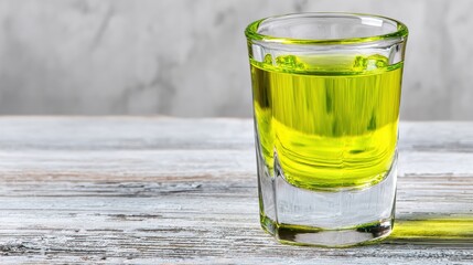 Bright green drink in a clear glass on a rustic wooden table in a casual setting during daytime