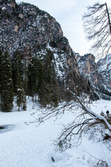 Lake Braies is an alpine lake located in Val di Braies, a side valley of Val Pusteria in winter.