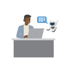 Man chatting with AI chatbot on a laptop. User conversation with a virtual assistant bot for customer support. Online help service with a friendly robot. Artificial intelligence concept. 