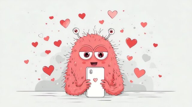 cute monster with smartphone surrounded by hearts illustrated animation