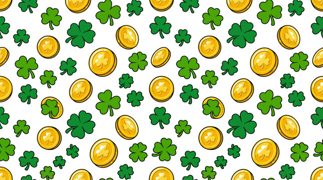 A festive seamless pattern featuring golden coins and green shamrocks, perfect for St. Patrick's Day celebrations.