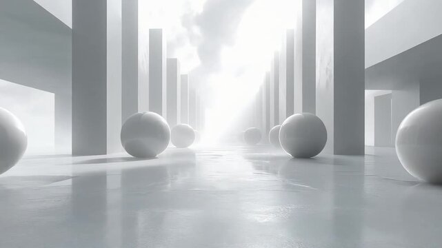 白い空間に並ぶ球体が抽象的で静かな未来空間を演出