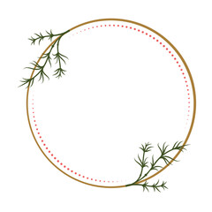 Minimal winter round frame with evergreen branch. Natural seasonal border.