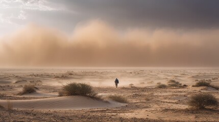 Wind-swept dunes and a lone traveler in a harsh desert windstorm