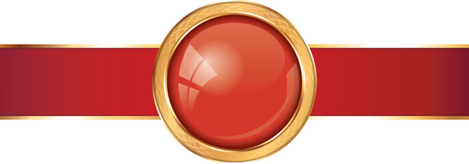Luxury horizontal banner template featuring a glossy red circular button with a golden frame set against a wide red ribbon with gold borders