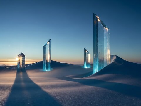 Glowing Crystal Formations in Desert Landscape at Dusk