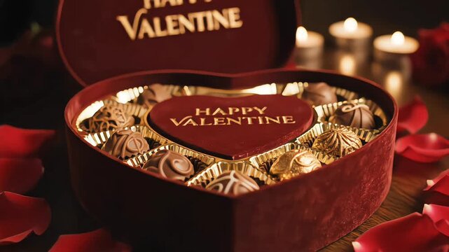 Premium velvet heart box opening slowly to reveal gourmet chocolates and gold lettering. Luxury product cinematography with deep burgundy tones and scattered rose petals