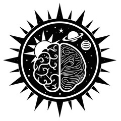 A black and white vector graphic illustration of a brain surrounded by celestial elements
