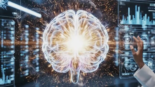 Futuristic Brain Hologram in Data Center, AI and Neuroscience Concept
