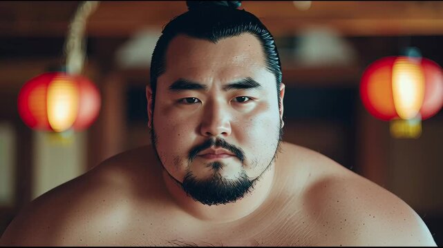 A serious-looking man with a traditional hairstyle and beard, possibly a sumo wrestler, gazes directly at the viewer with red lanterns in the background.