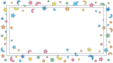 A whimsical rectangular frame decorated with a playful scattering of colorful stars, moons, and dots on a white background.