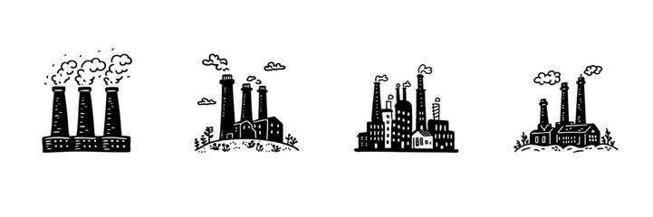 Fototapeta premium Industrial Factory Buildings With Smokestacks In Hand Drawn Style Set. Environmental Impact, Pollution, Industrialization Doodle Sketch Collection. Urban Landscape. Isolated Vector Illustration