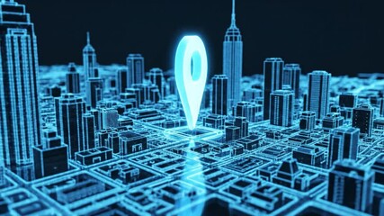 Futuristic city map digital city location pin neon grid 3d model navigation Digital city map with glowing location pin marking point of interest neon blue wireframe skyline and grid streets conveying - Powered by Adobe