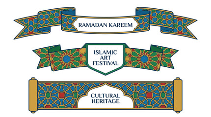 Collection of three decorative banners featuring Islamic geometric patterns and text for cultural events like Ramadan and art festivals.