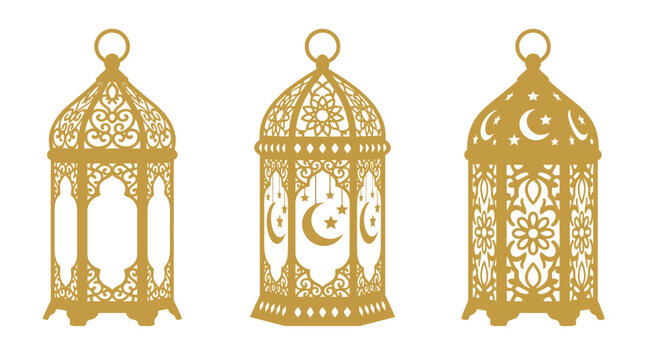 Three ornate golden Islamic lanterns with intricate geometric patterns and crescent moon and star motifs, isolated on a white background.