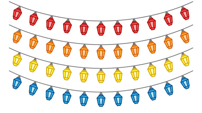 A colorful string of festive lantern-shaped lights in red, orange, yellow, and blue, suspended on wires in a decorative arc.