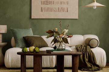 Obraz premium Cozy Interior with Olive Green Decor and Plump Sofa