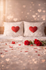 Romantic bedroom decorated for Valentine&rsquo;s Day with heart pillows and roses