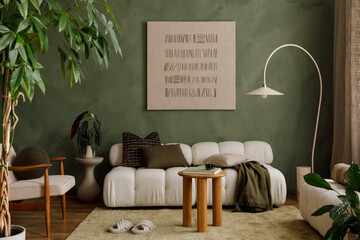 Comfortable living room interior with sofa, lamp and a plant