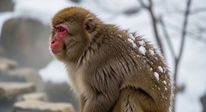 Japanese macaque sitting in a natural environment, known as the snow monkey. A primate species native to Japan, famous for thick fur and adaptability to cold climates.