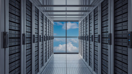 Modern data center aisle lined with numerous server racks extending to a large window revealing a clear blue sky and white clouds symbolizing cloud te