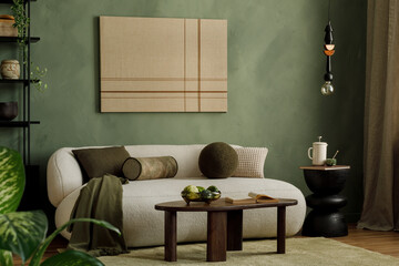 Serene Living Room with Green Accents and Modern Decor © FollowTheFlow
