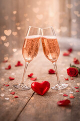 Romantic Valentine&rsquo;s Day champagne toast with heart decorations
