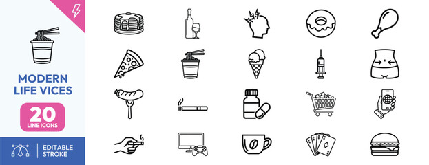Modern Life Vices and Addictions Icon Set