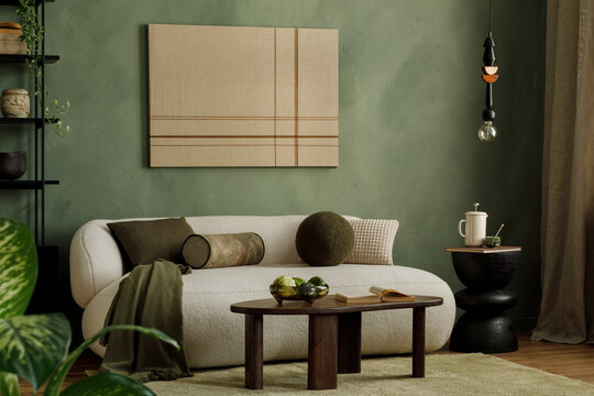 Serene Living Room with Green Accents and Modern Decor