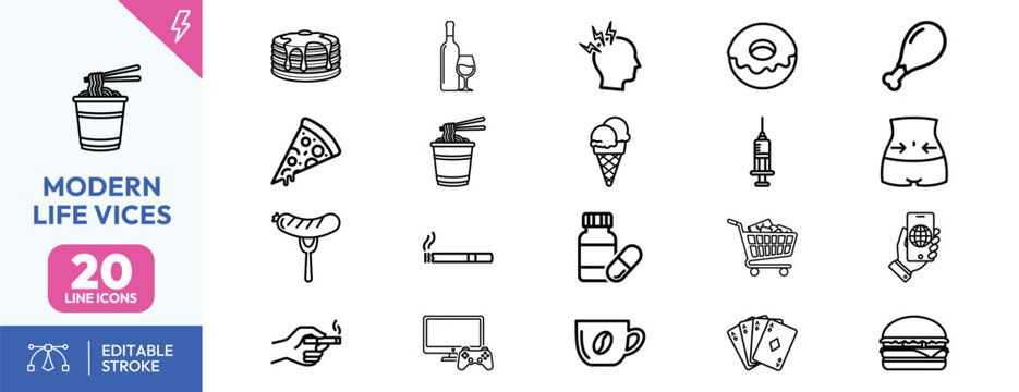 Modern Life Vices and Addictions Icon Set