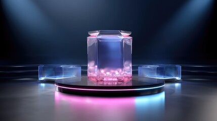 Elegant translucent geometric display pedestal with glowing accents for product showcase in contemporary setting