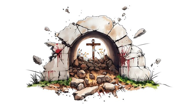 Dramatic watercolor stone tomb explosion with cross and blood, resurrection concept
