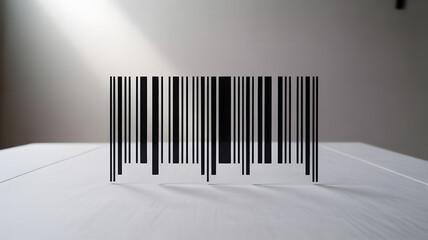 A dramatic black and white barcode stands on a white surface with sharp shadows against a grey wall symbolizing digital data and modern commerce