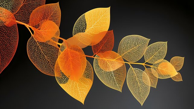 Abstract orange and yellow leaves on dark background showing translucent venation