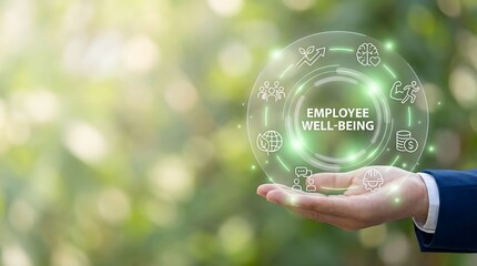 employee well-being concept with hand holding green glowing circle